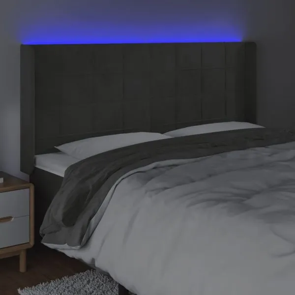 Tăblie de pat cu LED, gri închis, 163x16x118/128 cm, catifea
