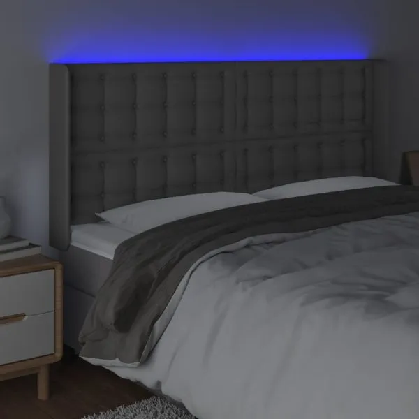 Tăblie de pat cu LED, gri, 203x16x118/128 cm, piele ecologică