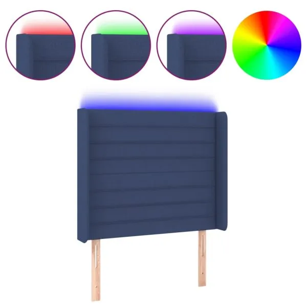 Tăblie de pat cu LED, albastru, 93x16x118/128 cm, textil