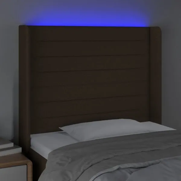Tăblie de pat cu LED, maro închis, 103x16x118/128 cm, textil