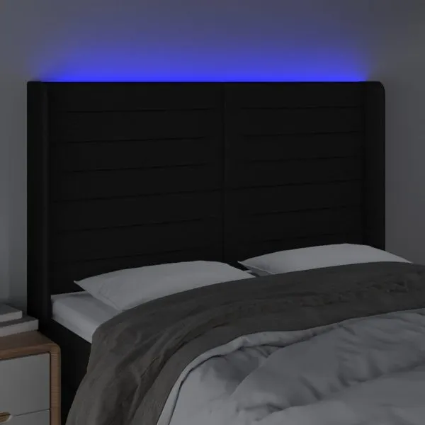 Tăblie de pat cu LED, negru, 147x16x118/128 cm, textil