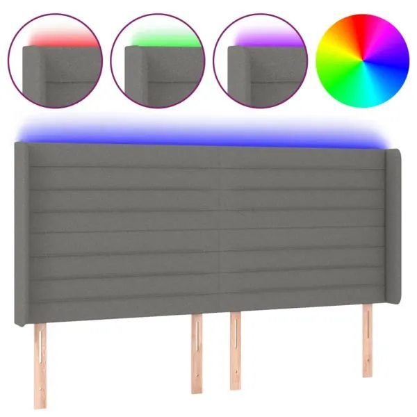 Tăblie de pat cu LED, gri închis, 203x16x118/128 cm, textil