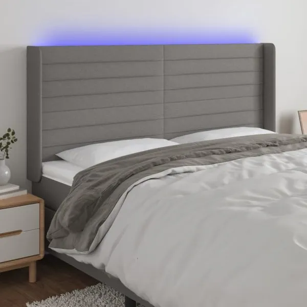 Tăblie de pat cu LED, gri închis, 203x16x118/128 cm, textil