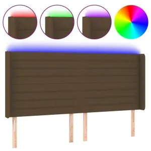 Tăblie de pat cu LED, maro închis, 203x16x118/128 cm, textil