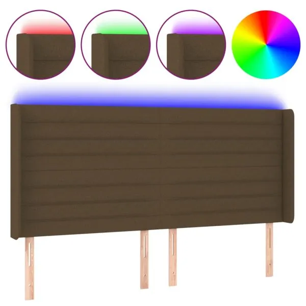 Tăblie de pat cu LED, maro închis, 203x16x118/128 cm, textil