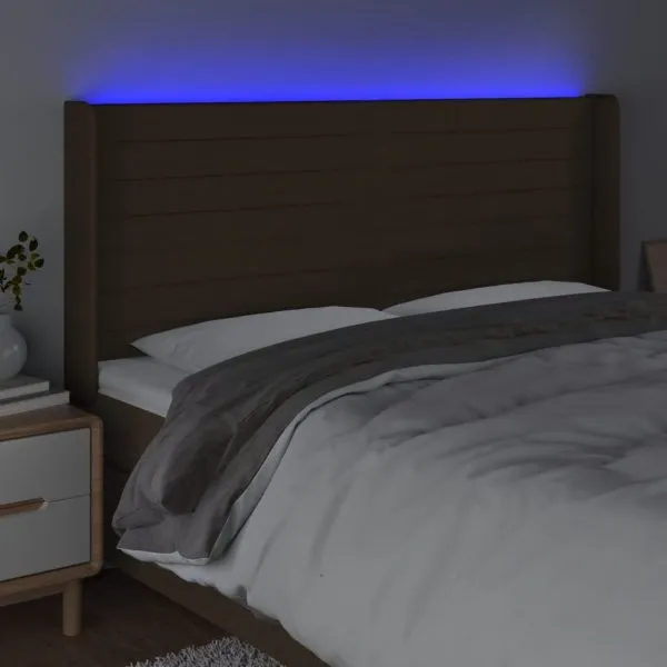 Tăblie de pat cu LED, maro închis, 203x16x118/128 cm, textil