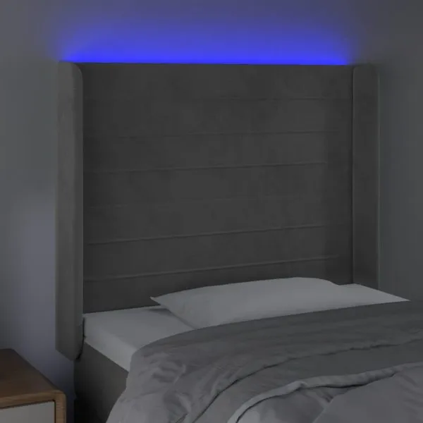 Tăblie de pat cu LED, gri deschis, 93x16x118/128 cm, catifea