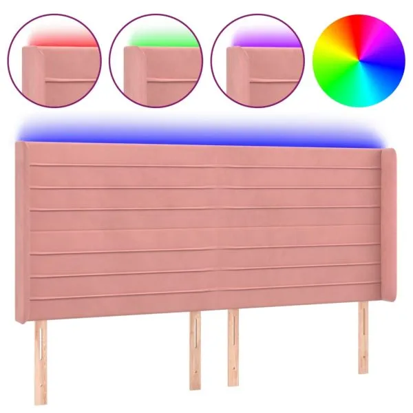 Tăblie de pat cu LED, roz, 163x16x118/128 cm, catifea