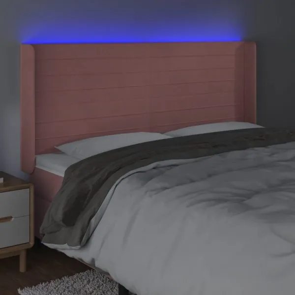 Tăblie de pat cu LED, roz, 163x16x118/128 cm, catifea