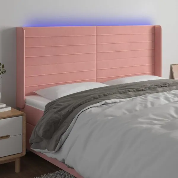 Tăblie de pat cu LED, roz, 163x16x118/128 cm, catifea