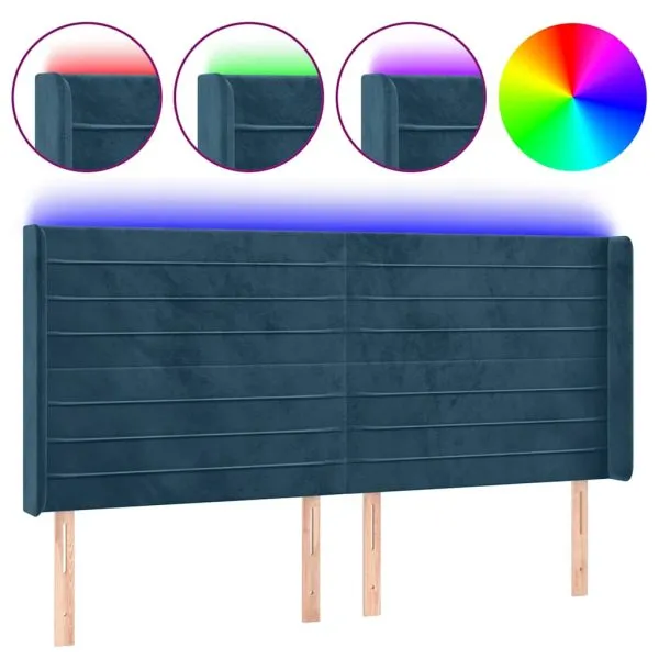 Tăblie de pat cu LED, albastru închis, 203x16x118/128cm catifea