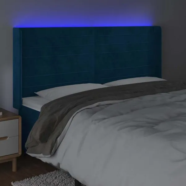 Tăblie de pat cu LED, albastru închis, 203x16x118/128cm catifea