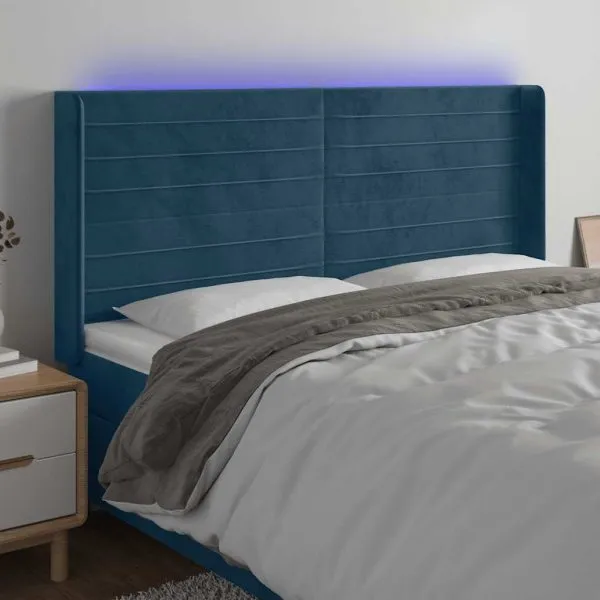 Tăblie de pat cu LED, albastru închis, 203x16x118/128cm catifea