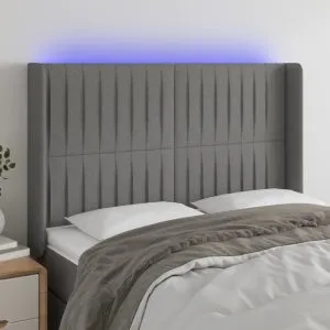 Tăblie de pat cu LED, gri închis, 147x16x118/128 cm, textil