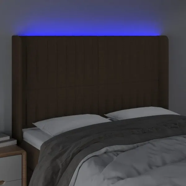 Tăblie de pat cu LED, maro închis, 147x16x118/128 cm, textil
