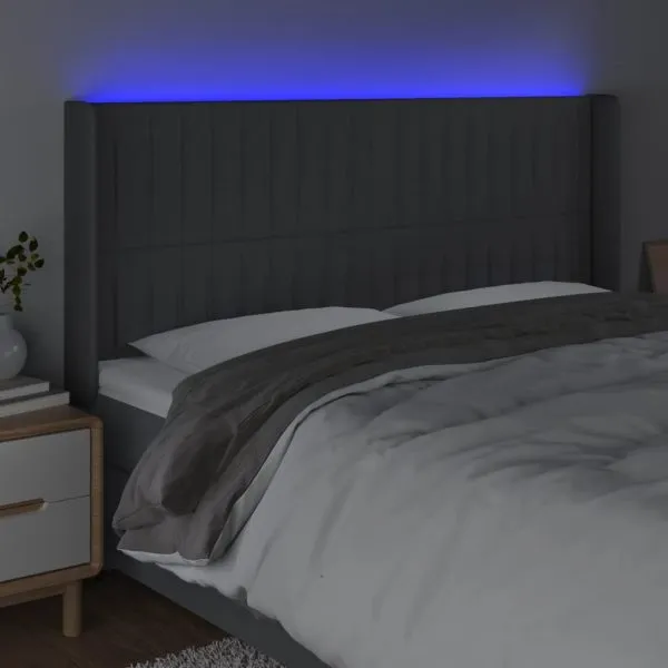 Tăblie de pat cu LED, gri închis, 163x16x118/128 cm, textil