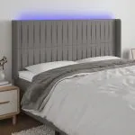 Tăblie de pat cu LED, gri închis, 163x16x118/128 cm, textil