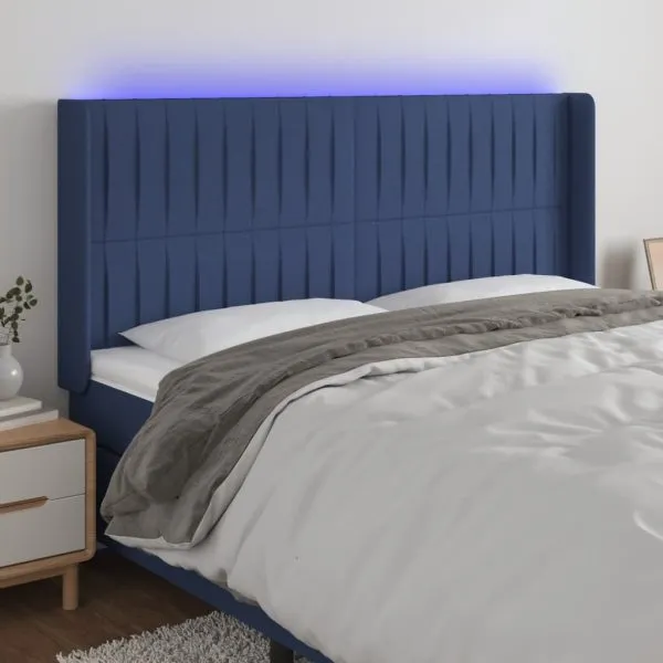 Tăblie de pat cu LED, albastru, 163x16x118/128 cm, textil