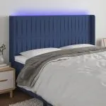 Tăblie de pat cu LED, albastru, 203x16x118/128 cm, textil