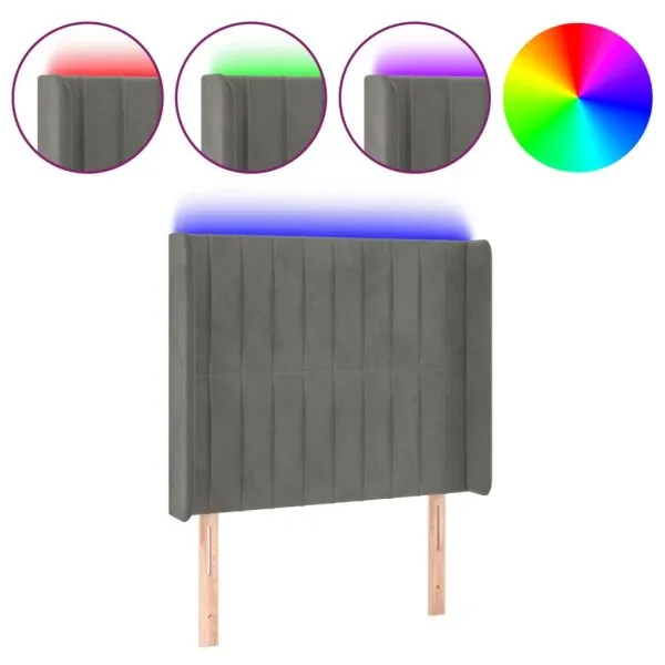 Tăblie de pat cu LED, gri deschis, 103x16x118/128 cm, catifea