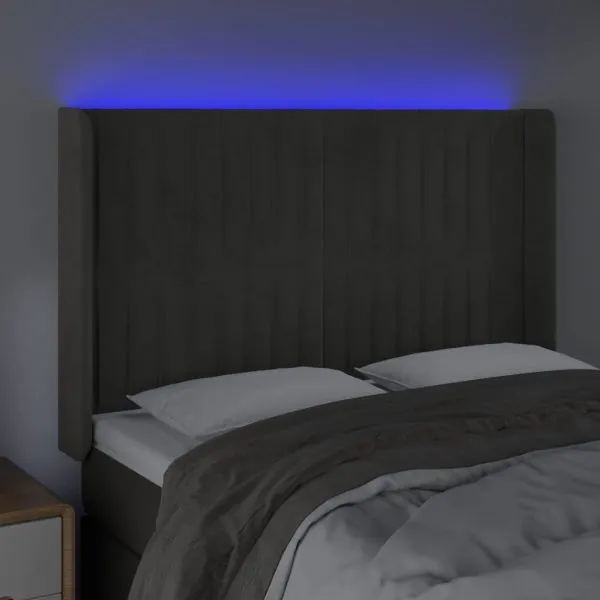 Tăblie de pat cu LED, gri închis, 147x16x118/128 cm, catifea