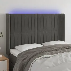 Tăblie de pat cu LED, gri închis, 147x16x118/128 cm, catifea