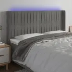 Tăblie de pat cu LED, gri deschis, 163x16x118/128 cm, catifea