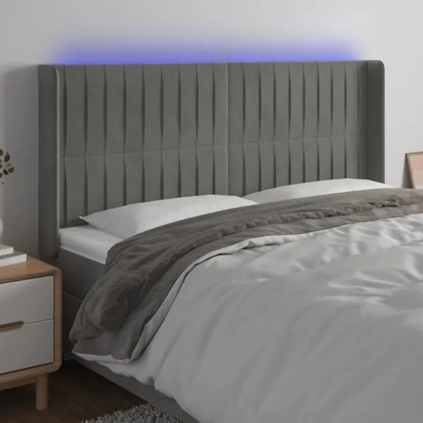 Tăblie de pat cu LED, gri deschis, 163x16x118/128 cm, catifea