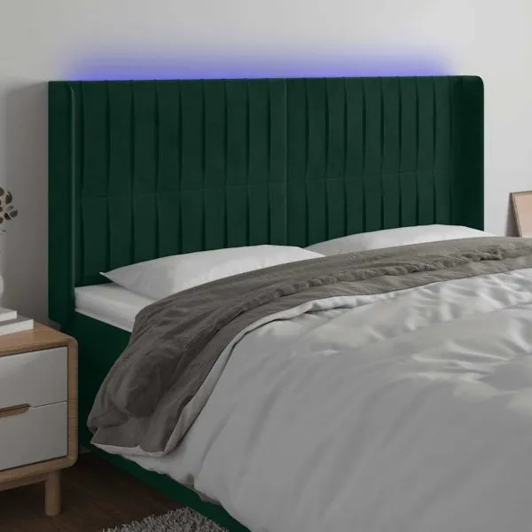 Tăblie de pat cu LED, verde închis, 183x16x118/128 cm, catifea