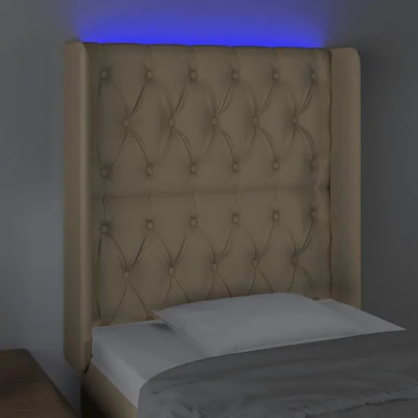 Tăblie de pat cu LED, crem, 83x16x118/128 cm, textil