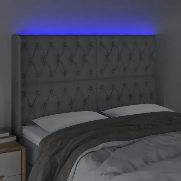 Tăblie de pat cu LED, gri deschis, 147x16x118/128 cm, textil