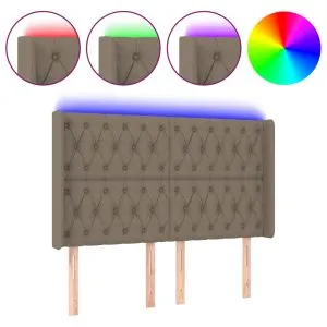 Tăblie de pat cu LED, gri taupe, 163x16x118/128 cm, textil
