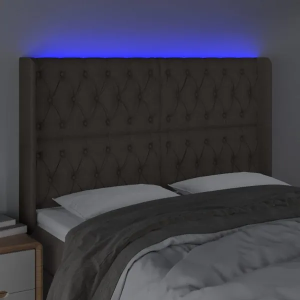 Tăblie de pat cu LED, gri taupe, 163x16x118/128 cm, textil
