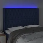 Tăblie de pat cu LED, albastru, 163x16x118/128 cm, textil