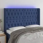 Tăblie de pat cu LED, albastru, 163x16x118/128 cm, textil