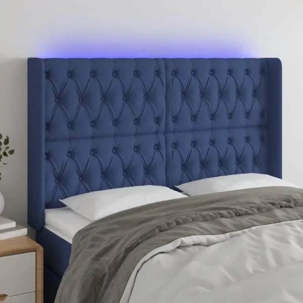 Tăblie de pat cu LED, albastru, 163x16x118/128 cm, textil
