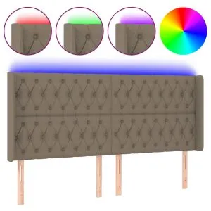 Tăblie de pat cu LED, gri taupe, 203x16x118/128 cm, textil