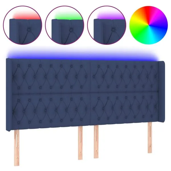Tăblie de pat cu LED, albastru, 203x16x118/128 cm, textil