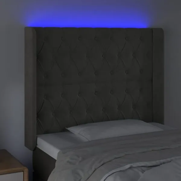 Tăblie de pat cu LED, gri închis, 103x16x118/128 cm, catifea