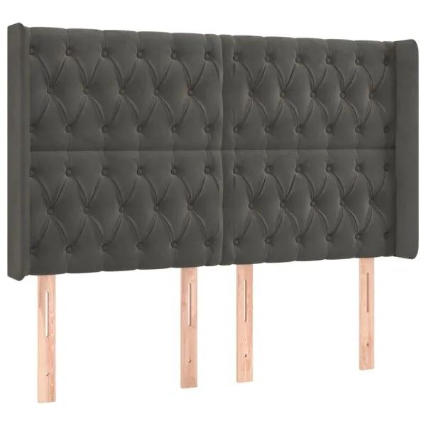 Tăblie de pat cu LED, gri închis, 147x16x118/128 cm, catifea