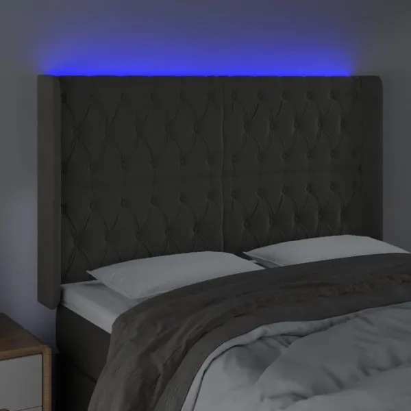 Tăblie de pat cu LED, gri închis, 147x16x118/128 cm, catifea