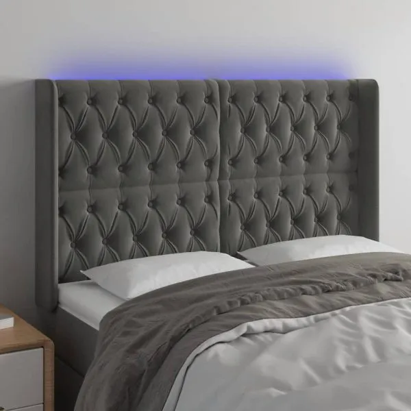 Tăblie de pat cu LED, gri închis, 147x16x118/128 cm, catifea