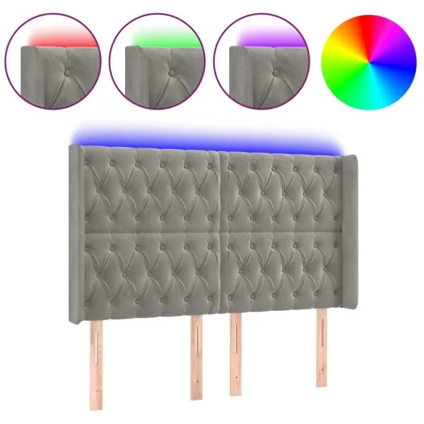 Tăblie de pat cu LED, gri deschis, 163x16x118/128 cm, catifea