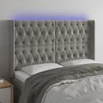 Tăblie de pat cu LED, gri deschis, 163x16x118/128 cm, catifea