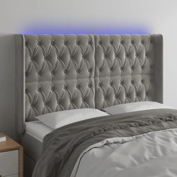 Tăblie de pat cu LED, gri deschis, 163x16x118/128 cm, catifea