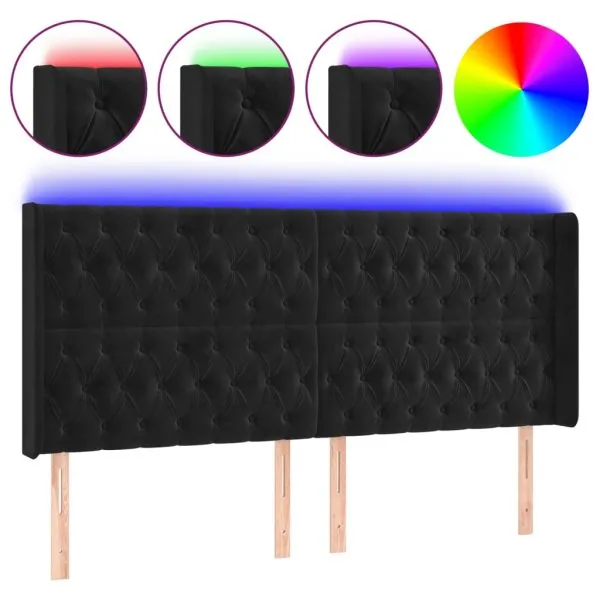 Tăblie de pat cu LED, negru, 183x16x118/128 cm, catifea