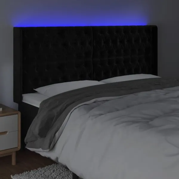 Tăblie de pat cu LED, negru, 203x16x118/128 cm, catifea