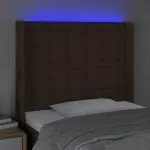 Tăblie de pat cu LED, maro închis, 83x16x118/128 cm, textil