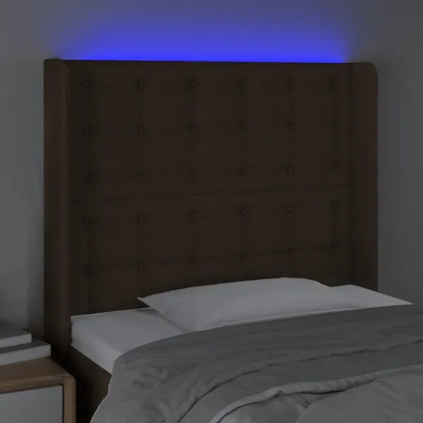 Tăblie de pat cu LED, maro închis, 83x16x118/128 cm, textil