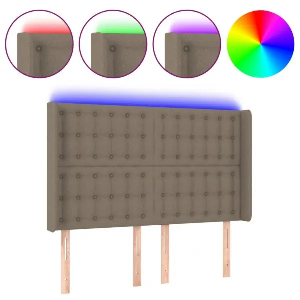 Tăblie de pat cu LED, gri taupe, 147x16x118/128 cm, textil